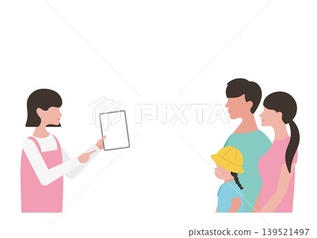 Vector illustration of a childcare worker and her family explaining something on a tablet (girl) Vector illustration of a childcare worker and her family explaining something on a tablet (girl) 139521497