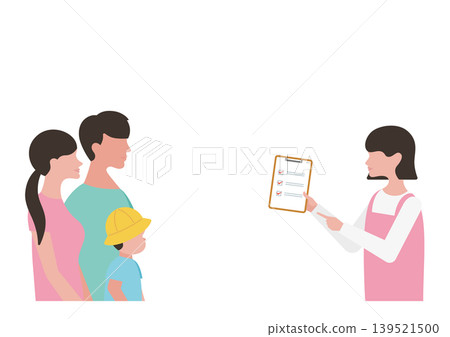 Vector illustration of a childcare worker and family member explaining a checklist (boy) Vector illustration of a childcare worker and family member explaining a checklist (boy) 139521500