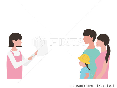 Vector illustration of a childcare worker and family member explaining documents (girl) Vector illustration of a childcare worker and family member explaining documents (girl) 139521501