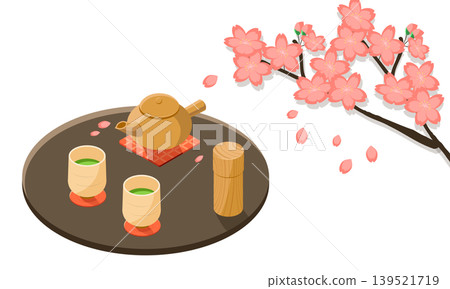 一幅描繪賞櫻場景的插圖，畫面中有日本茶和茶壺。 139521719