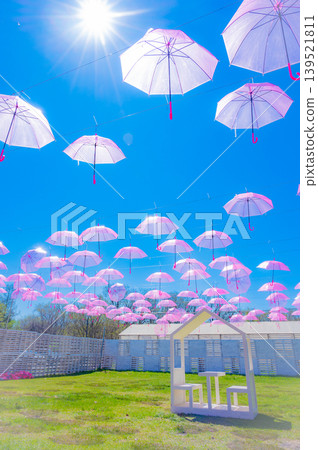 Umbrella Sky and Spring Gardens in Full Bloom at Tokachi Hills, Obihiro City, Hokkaido Umbrella Sky and Spring Gardens in Full Bloom at Tokachi Hills, Obihiro City, Hokkaido 139521811