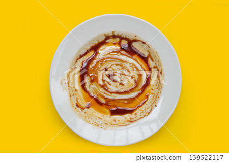Dirty dishes on yellow background. Top view Dirty dishes on yellow background. Top view 139522117