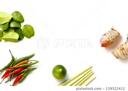 Ingredients for Thai food, Tom Yum. Kaffir lime leaves, galangal, lemongrass, lime, and chilies. Ingredients for Thai food, Tom Yum. Kaffir lime leaves, galangal, lemongrass, lime, and chilies. 139522412