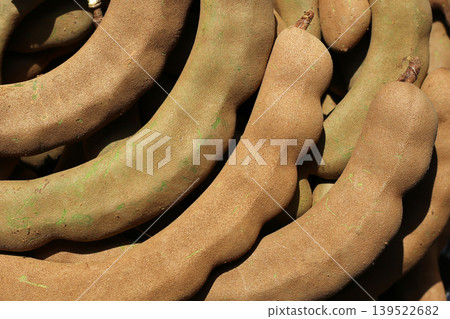 A pile of fresh tamarind pods in a basket. A pile of fresh tamarind pods in a basket. 139522682