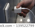 Hand plugging charger into wall socket 139522799