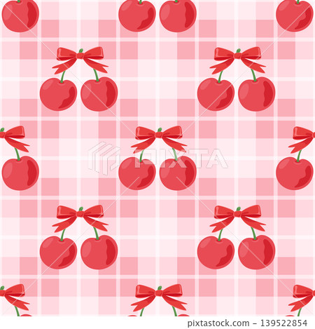 Cherry Seamless Pattern Vector Illustration. Cute Red Cherries With Bows on Pink Plaid Background. Sweet Fruit Repeat Print for Textile Packaging and Girly Surface Design Cherry Seamless Pattern Vector Illustration. Cute Red Cherries With Bows on Pink Plaid Background. Sweet Fruit Repeat Print for Textile Packaging and Girly Surface Design 139522854