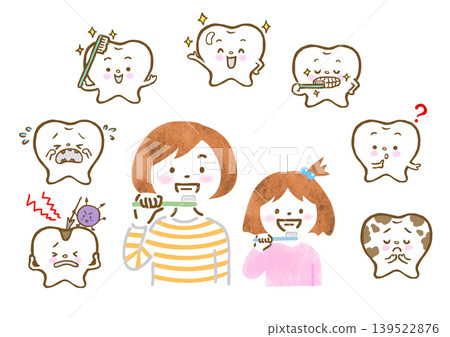 A set of illustrations featuring a mother and daughter brushing their teeth and a tooth character. A set of illustrations featuring a mother and daughter brushing their teeth and a tooth character. 139522876