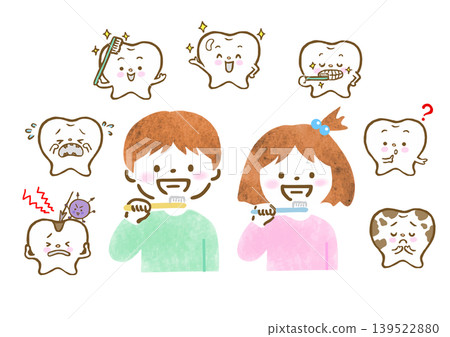 一組插圖，描繪了一個男孩和一個女孩刷牙以及牙齒的圖像。 139522880