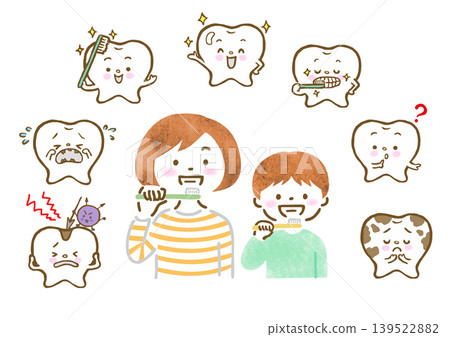 一組插圖,描繪了一位母親和兒子刷牙的場景,以及一個牙齒角色。 一組插圖,描繪了一位母親和兒子刷牙的場景,以及一個牙齒角色。 139522882