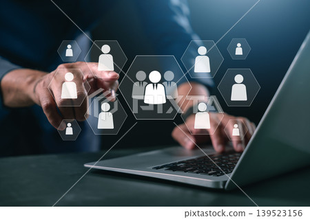 Employment network for human resource management group of employee icons pressed by businessman using laptop computer during recruitment, hiring qualified talent, corporate career growth Employment network for human resource management group of employee icons pressed by businessman using laptop computer during recruitment, hiring qualified talent, corporate career growth 139523156