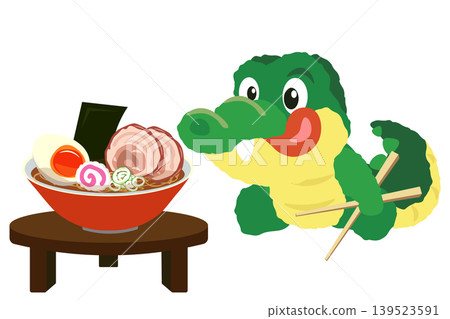 一幅插圖描繪了一隻鱷魚毛絨玩具正盯著矮桌上的拉麵。 139523591