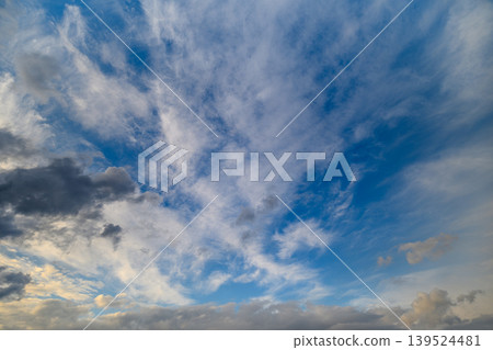 Wide open sky imagery. Large cloud filled sky with broad view and gentle illumination. Vast expanse of clouds stretching across sky with serene lighting and open atmosphere 139524481