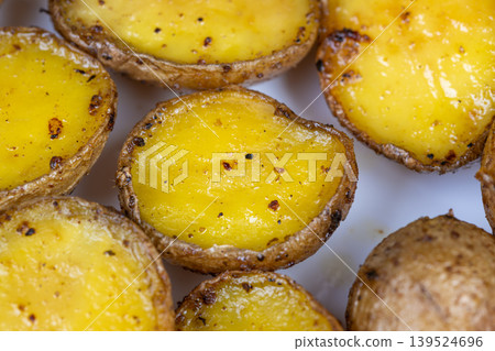 Simple potato display. Bright lighting highlights textures. Clean background enhances potato visuals. Minimalist setup emphasizes features of roasted baby potatoes Simple potato display. Bright lighting highlights textures. Clean background enhances potato visuals. Minimalist setup emphasizes features of roasted baby potatoes 139524696