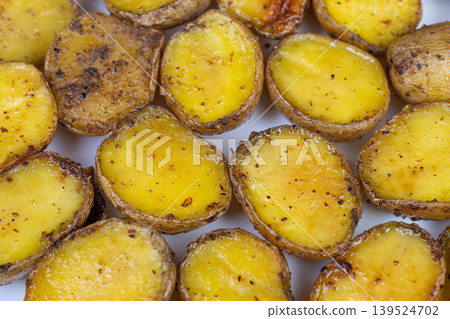 Creamy potato bites. Plantbased crispy potato pieces. Warm glazed baby potatoes with crispy skins. Buttery glazed small potatoes with golden centers and crunchy skins 139524702