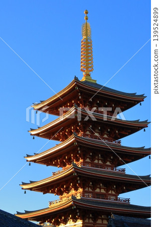 The five-story pagoda at Sensoji Temple glowing in the setting sun 139524899