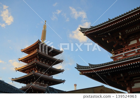 Senso-ji Temple's Five-Storied Pagoda and Hozomon Gate: A popular tourist spot in Tokyo. 139524963