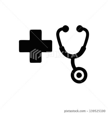 Black Silhouette Medical Cross and Stethoscope Icon Symbol for Healthcare Profession 139525100