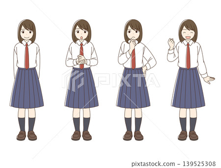 穿著裙子的女學生全身插畫,配有一系列面部表情。 穿著裙子的女學生全身插畫,配有一系列面部表情。 139525308