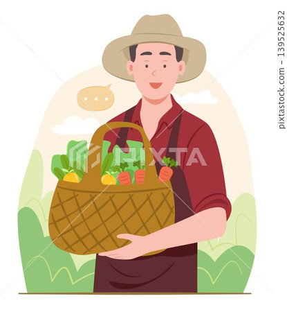 Farmer Man Holding Basket of Fresh Organic Crops and Vegetables in Garden for Gardening, Cultivation and Agriculture Concept Illustration Clip Art 139525632