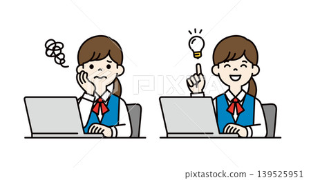 Vector illustration of the upper body of a female office worker in uniform sitting in front of a computer and proposing a solution. Vector illustration of the upper body of a female office worker in uniform sitting in front of a computer and proposing a solution. 139525951