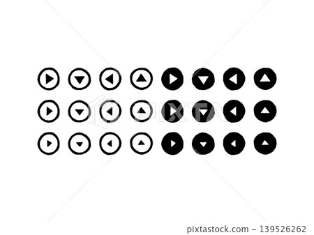A set of icons featuring a triangular arrow surrounded by a hand-drawn circle. A set of icons featuring a triangular arrow surrounded by a hand-drawn circle. 139526262
