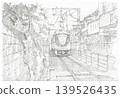Local Japanese train passing through narrow residential street pencil drawing 139526435