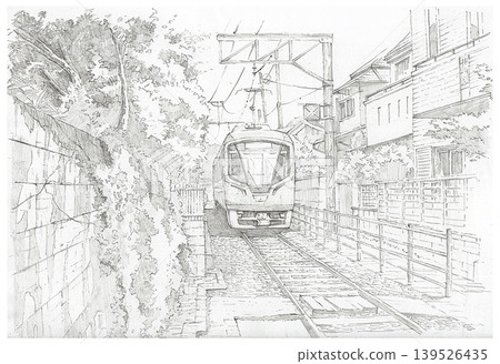 Local Japanese train passing through narrow residential street pencil drawing 139526435