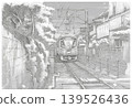 Local Japanese train passing through narrow residential neighborhood street pencil sketch 139526436