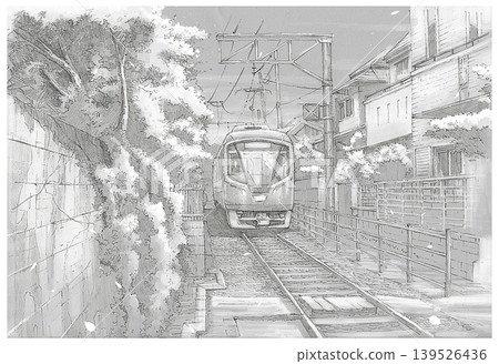 Local Japanese train passing through narrow residential neighborhood street pencil sketch Local Japanese train passing through narrow residential neighborhood street pencil sketch 139526436