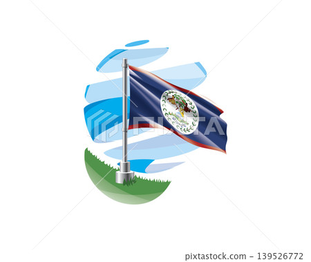 Belize flag on a green lawn against a background of blue abstract sky Belize flag on a green lawn against a background of blue abstract sky 139526772