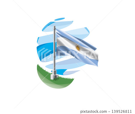Argentinian flag on a green lawn against a background of blue abstract sky Argentinian flag on a green lawn against a background of blue abstract sky 139526811