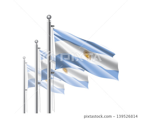 Brightly shining Argentinian flags wave proudly on tall masts during official celebration events Brightly shining Argentinian flags wave proudly on tall masts during official celebration events 139526814