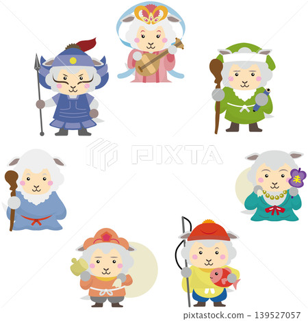 A set of Japanese-style frame materials featuring sheep characters representing the Seven Lucky Gods. A set of Japanese-style frame materials featuring sheep characters representing the Seven Lucky Gods. 139527057