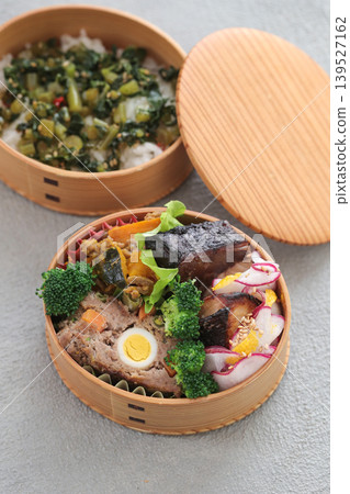 Meatloaf and grilled yellowtail with salt koji bento box Meatloaf and grilled yellowtail with salt koji bento box 139527162