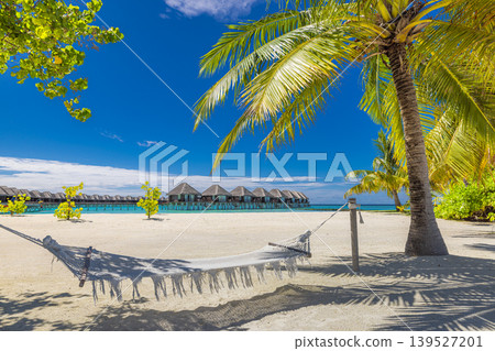 Stunning Maldives palm tree hammock over white sand beach, overwater villas on luminous turquoise lagoon, ethereal luxury travel background, serene tropical island paradise Stunning Maldives palm tree hammock over white sand beach, overwater villas on luminous turquoise lagoon, ethereal luxury travel background, serene tropical island paradise 139527201