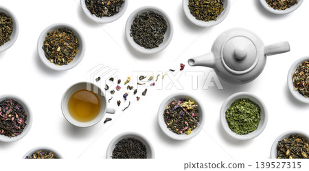 Exclusive design of the tea assortment. Top view on a white background 139527315