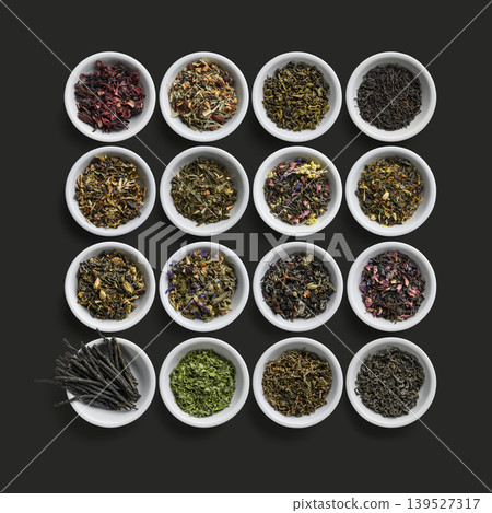 Large assortment of tea on a dark background Large assortment of tea on a dark background 139527317