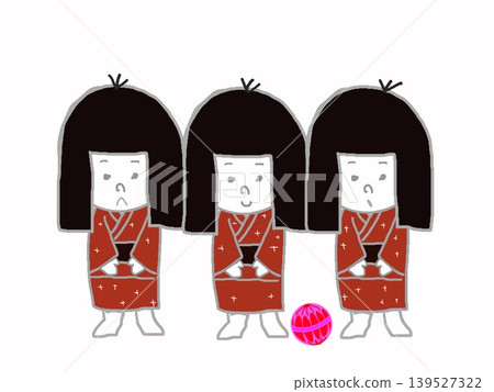 A zashiki-warashi (house spirit) and a ball are standing side by side, both dressed in kimonos. A zashiki-warashi (house spirit) and a ball are standing side by side, both dressed in kimonos. 139527322