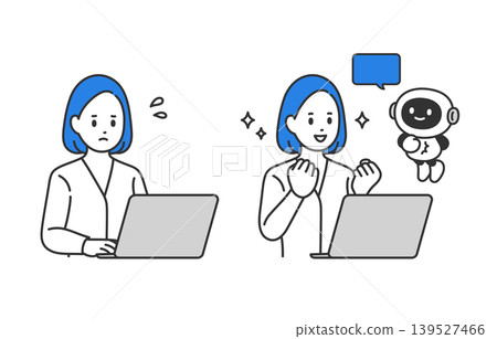 一組向量插圖,描繪了一位女商人如何利用人工智慧和聊天機器人來簡化她的工作流程。 一組向量插圖,描繪了一位女商人如何利用人工智慧和聊天機器人來簡化她的工作流程。 139527466