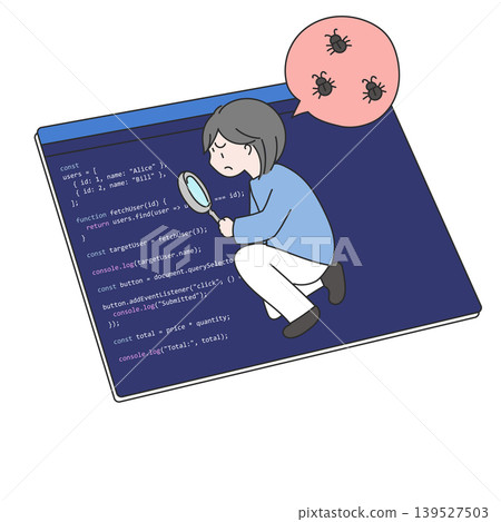 An illustration depicting an engineer examining code with a magnifying glass, searching for the cause of bugs and errors. An illustration depicting an engineer examining code with a magnifying glass, searching for the cause of bugs and errors. 139527503