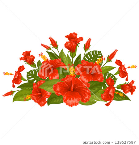 Floral Decoration With Red Hibiscus Flowers Floral Decoration With Red Hibiscus Flowers 139527597