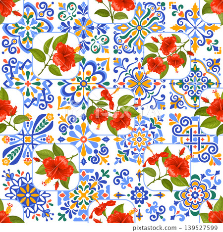Seamless Pattern With Red Hibiscus Flowers And Mediterranean Tiles Seamless Pattern With Red Hibiscus Flowers And Mediterranean Tiles 139527599