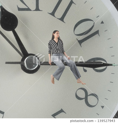 Woman sitting on clock hand losing concept of time Woman sitting on clock hand losing concept of time 139527943