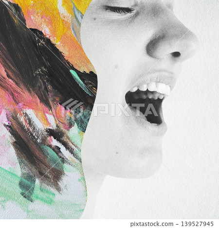 Woman expressing emotion with colorful abstract background 139527945