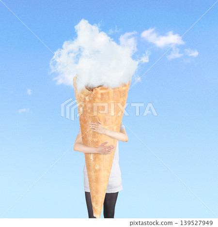 Person holding giant ice cream cone with cloud scoop Person holding giant ice cream cone with cloud scoop 139527949