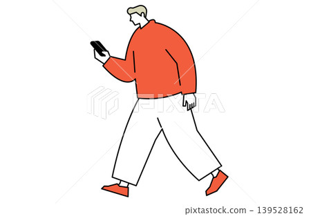 一名男子邊走邊看他的智慧型手機 139528162