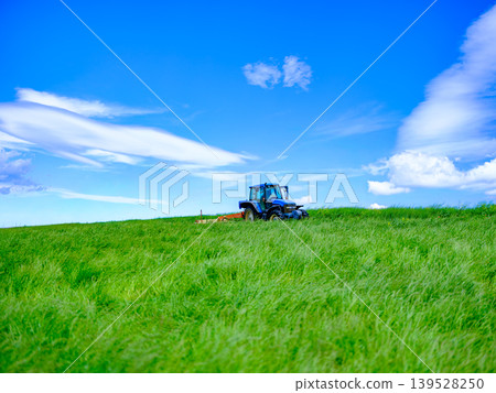 Summer blue sky, tractor, and vast landscape Summer blue sky, tractor, and vast landscape 139528250