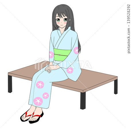 浴衣的一名婦女坐長凳 139528292