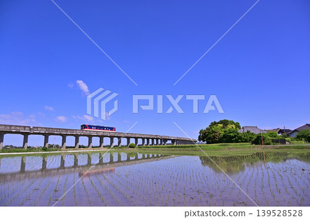 Rice paddies after planting and a Kashima Rinkai Railway 8000 series diesel railcar. Rice paddies after planting and a Kashima Rinkai Railway 8000 series diesel railcar. 139528528