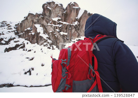 A snow-covered area and a backpacker. A snow-covered area and a backpacker. 139528847